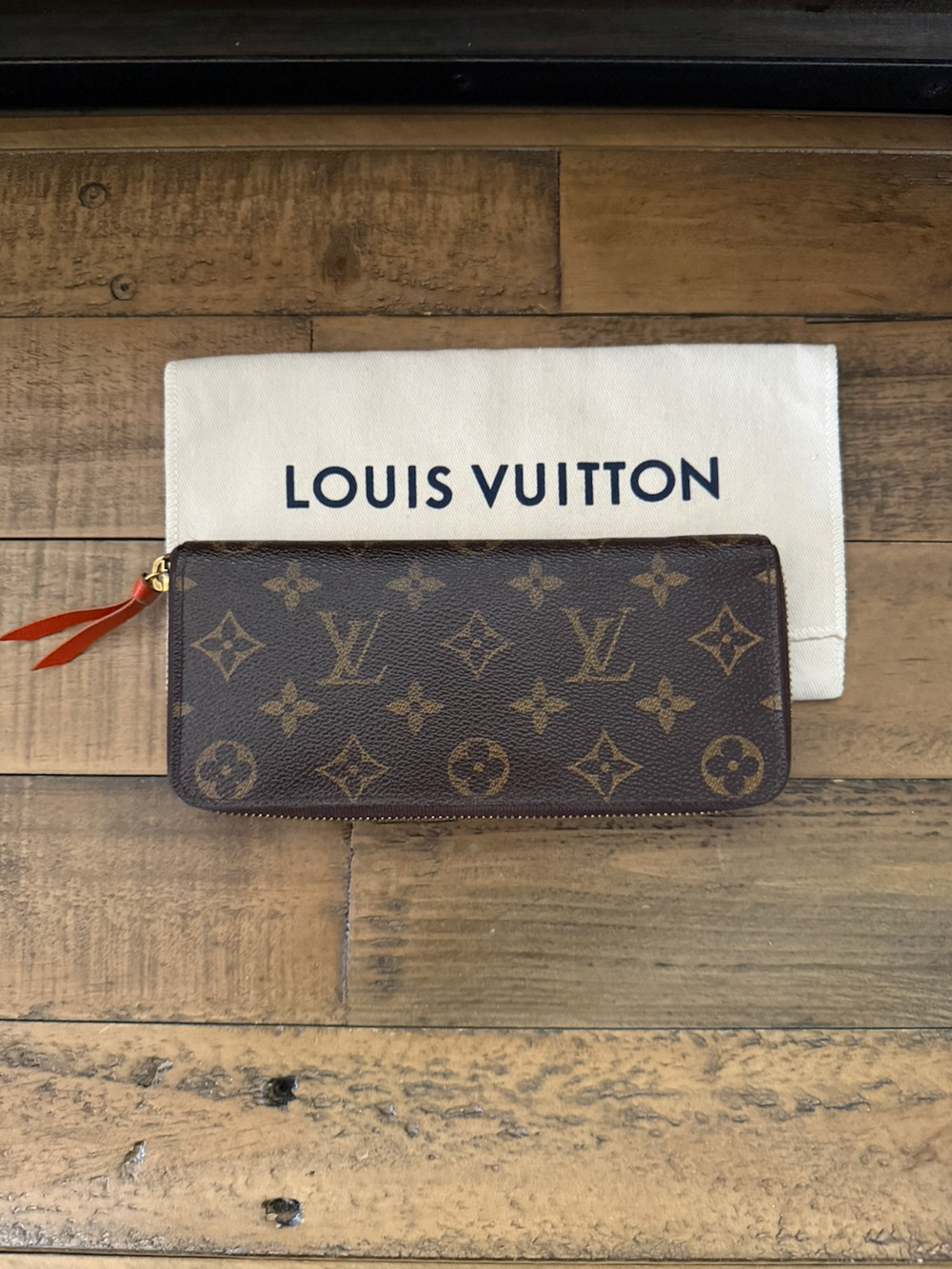 Louis Vuitton Wallet Womens Brown Monogram Canvas Orange Zip Around France Logo
